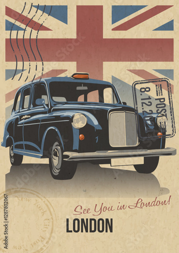 London's Main Attraction Retro Postcard Style Vector Illustration. London's Cab and United Kingdom Flag, Postal Imprints, Old Paper Texture