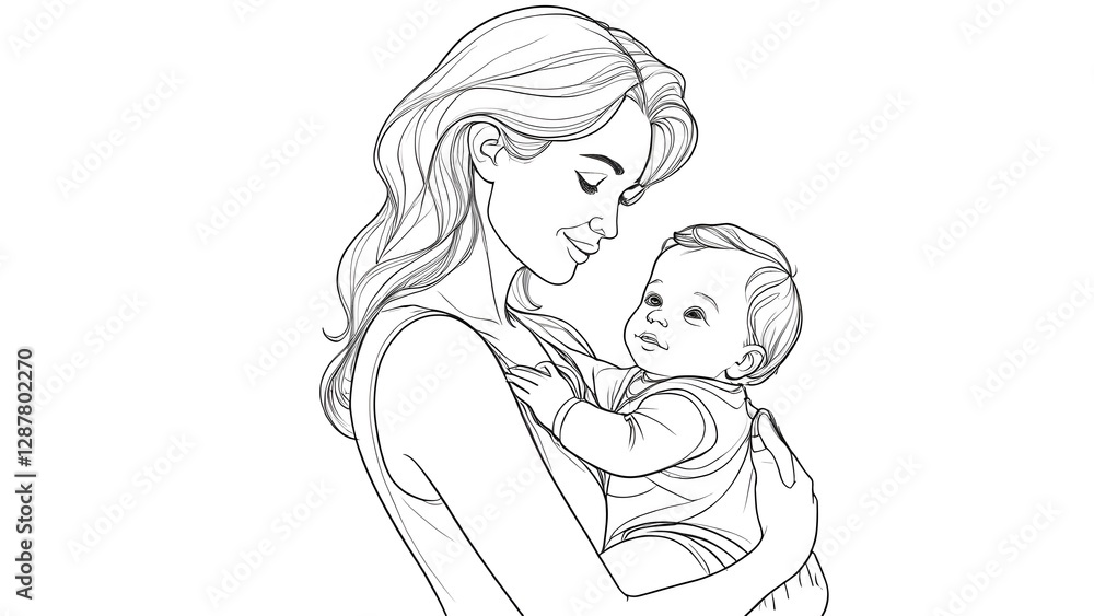 Elegant One-Line Art of a Mother Holding Her Baby, Minimalist Black and White Illustration of Mother and Child, Tender Moment Between Mother and Baby, Line Art Drawing, Beautiful Mother and Infant Bon Elegant One-Line Art of a Mother Holding Her Baby, Minimalist Black and White Illustration of Mother and Child, Tender Moment Between Mother and Baby, Line Art Drawing, Beautiful Mother and Infant Bon
