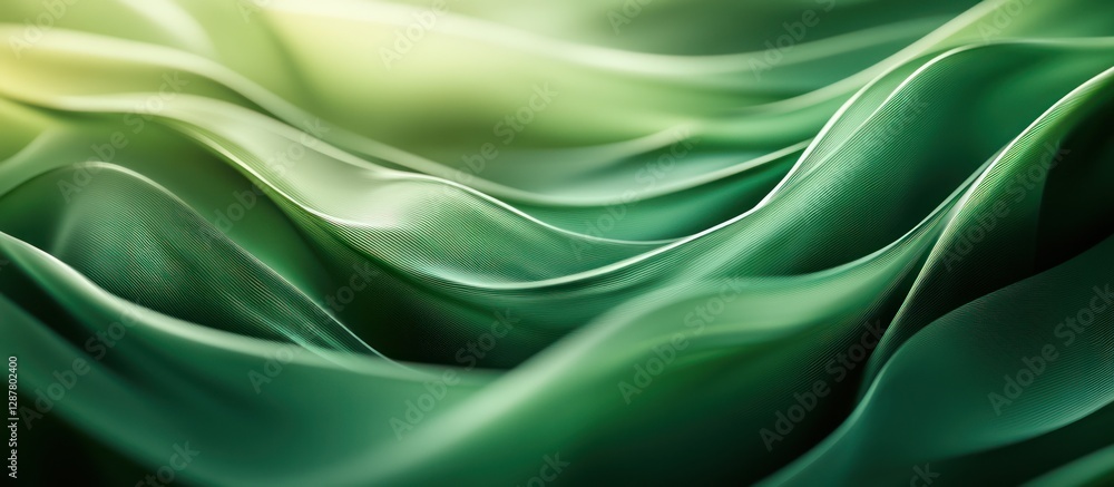 Fototapeta premium Green fabric waves, soft light, background blur, design
