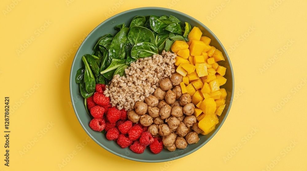 A vibrant bowl filled with spinach, raspberries, mango, grains, and meatballs against a bright yellow background. A vibrant bowl filled with spinach, raspberries, mango, grains, and meatballs against a bright yellow background.