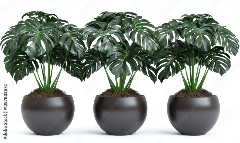 Fototapeta premium Three lush green monstera plants in modern round pots, set against a clean white background