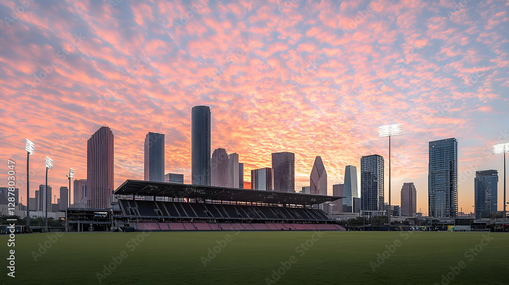 Fototapeta premium City Skyline at Sunset with Stadium and Pink Clouds