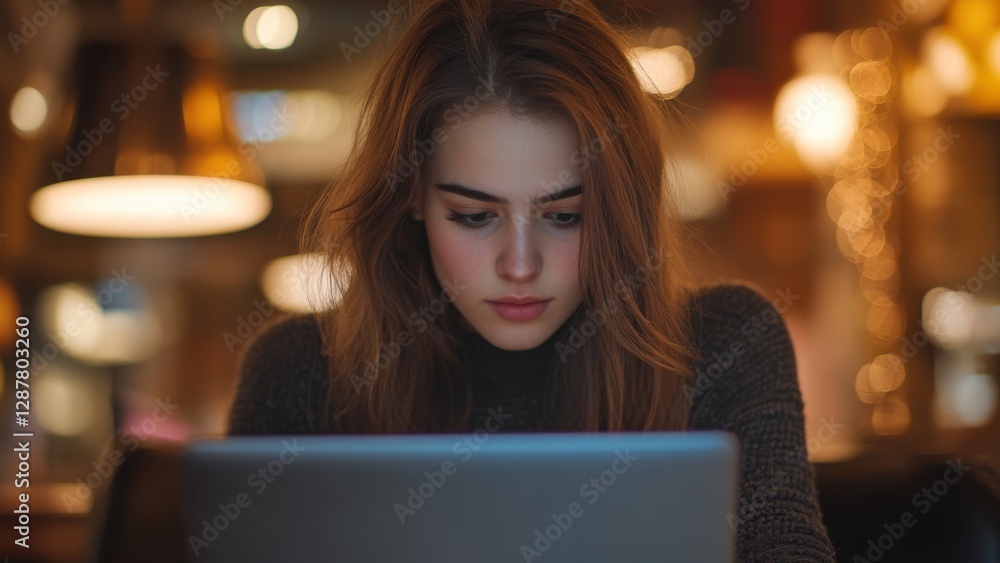 Businesswoman, laptop screen glowing, stressed expression, late hours Businesswoman, laptop screen glowing, stressed expression, late hours
