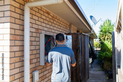 Electrician tradesman working on outside breaker box power box