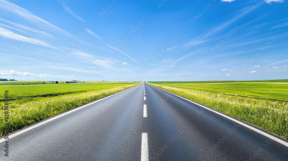 Naklejka premium Wide road into distance, flanked by green fields and blue sky. High-definition, horizontal composition. Serene beauty.