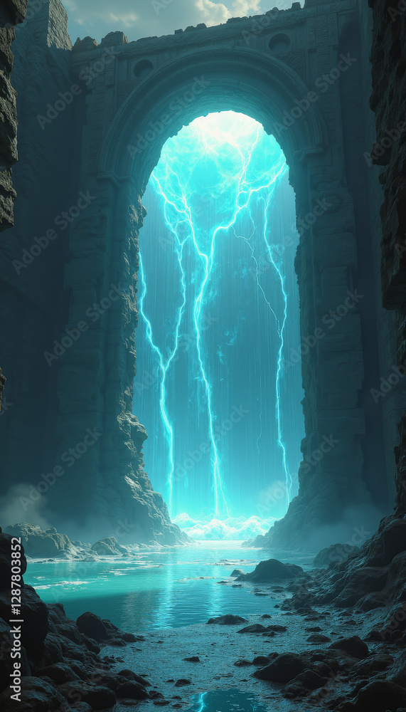 Obraz premium Mystical portal of liquid light in ancient temple ruins, otherworldly energy