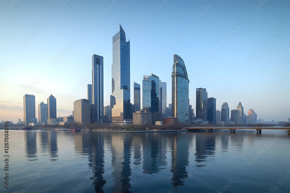 Naklejka premium Modern cityscape with skyscraper building and reflection from the river