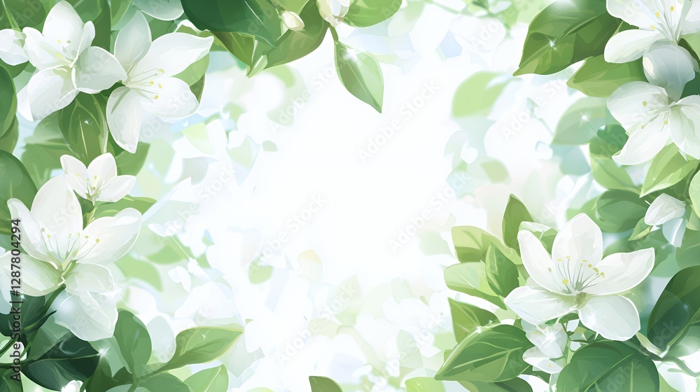 White Jasmine Blossoms and Green Leaves Frame White Jasmine Blossoms and Green Leaves Frame