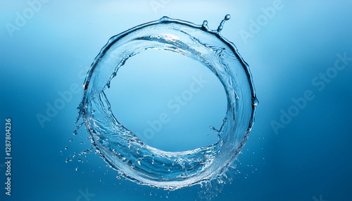A stunning illustration of a perfect ring of water floating in the air against a serene blue background, showcasing the dynamic movement of the liquid and its crystal clarity.