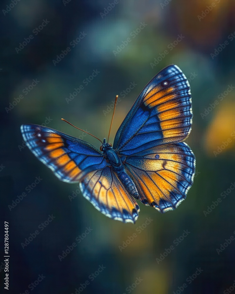 Fototapeta premium Captivating butterfly with vibrant blue and orange wings gracefully soaring against a blurred backdrop nature photography