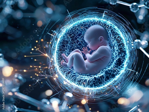 Anatomy childbirth concept. A futuristic depiction of a fetus surrounded by vibrant energy and molecular structures, symbolizing life and technology.