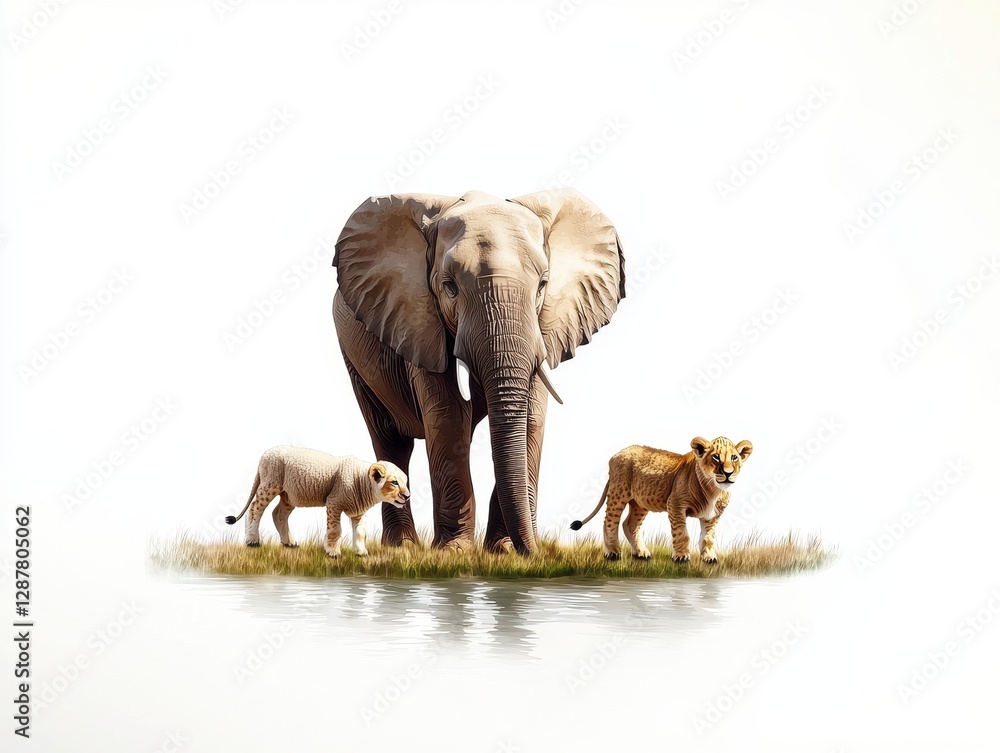 Fototapeta premium Majestic elephant standing beside two young lions near water.