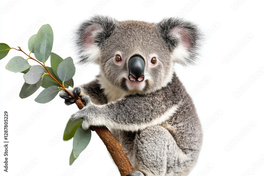 Obraz premium Koala clings to a branch, showcasing its fluffy fur and playful nature.