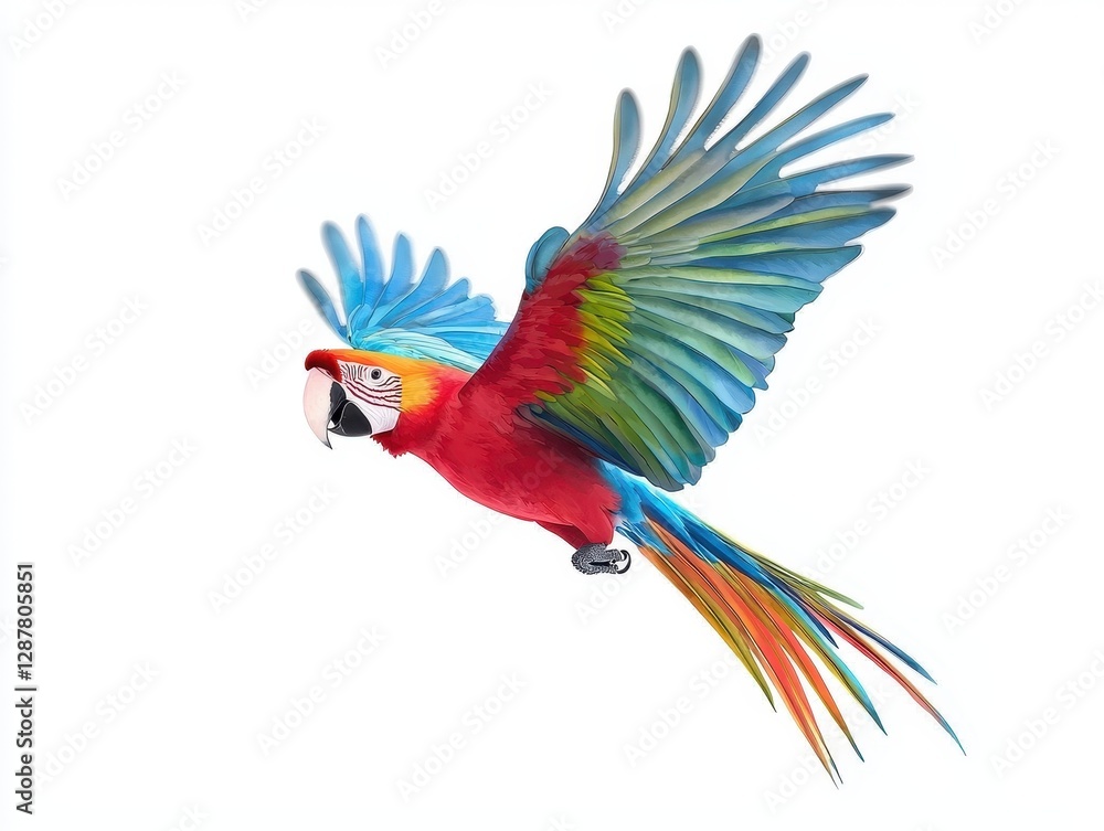 Fototapeta premium Colorful parrot in flight showcasing vibrant feathers against a white background.