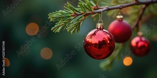 Wallpaper Mural Bright red glass balls hanging from a bare fir branch with mistletoe, bright, glass Torontodigital.ca