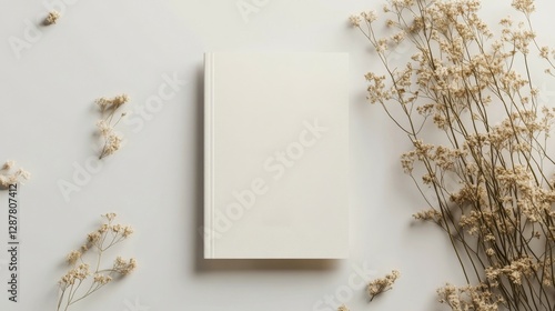 White Notebook with Dried Flowers on Beige Background