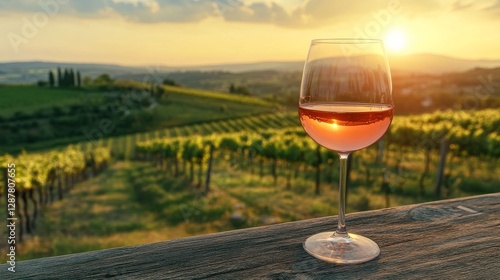 Wallpaper Mural Glass of rosé wine on a wooden table overlooking a vineyard at sunset, scenic countryside view. Wine tasting and leisure concept Torontodigital.ca
