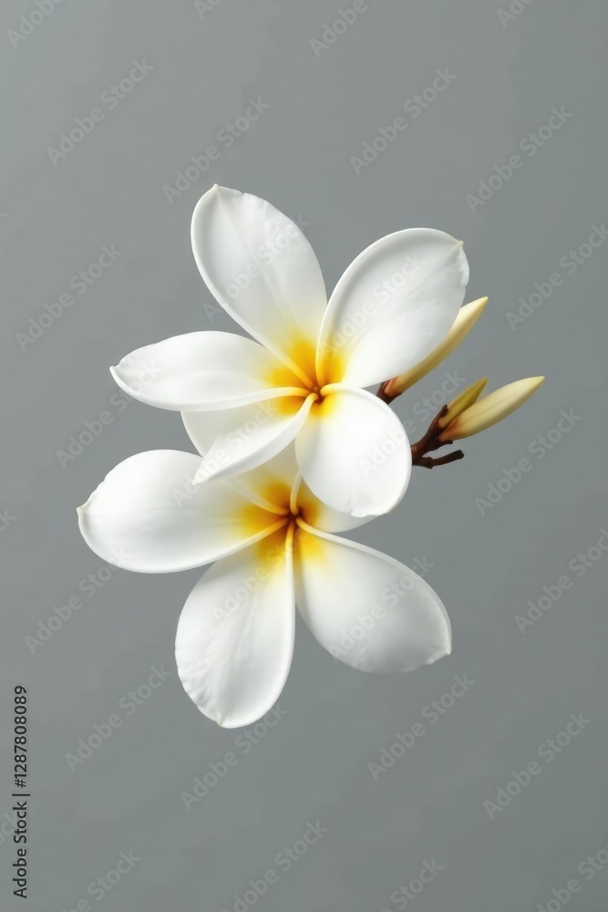 Obraz premium Delicate white frangipani bloom isolated on gray background, white flowers, frangipani