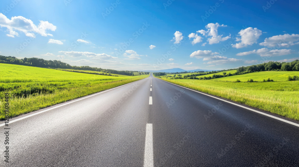 Wide road into distance, flanked by green fields and blue sky. High-definition, horizontal composition. Serene beauty. Wide road into distance, flanked by green fields and blue sky. High-definition, horizontal composition. Serene beauty.
