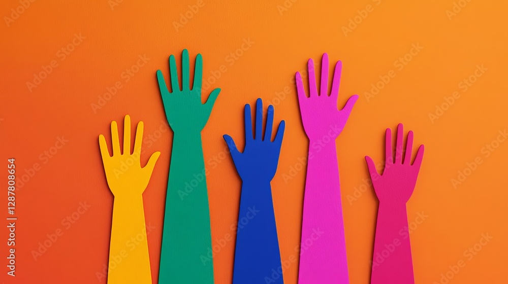 Colorful hands raised together symbolizing unity and social activism. Colorful hands raised together symbolizing unity and social activism.