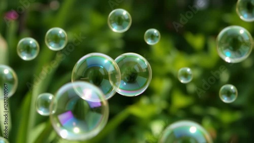 Wallpaper Mural Colorful soap bubbles floating in the air against a blurred green garden background, reflecting sunlight. Torontodigital.ca
