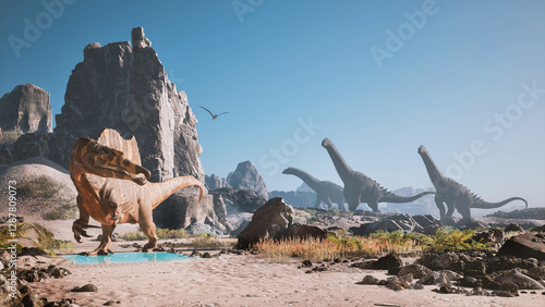 Foto Dinosaurs roaming a prehistoric landscape under clear skies with mountains and w