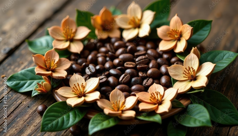 Obraz premium Delicate wooden flower garland around a coffee bean centerpiece, foliage, botanical