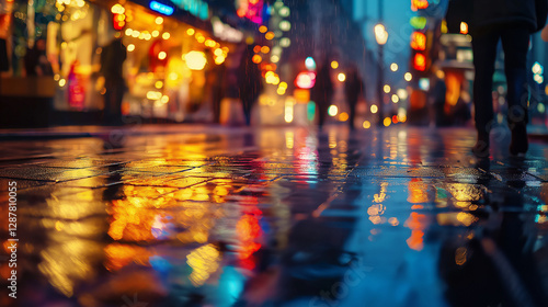 Wallpaper Mural A Walk Through the Rain-Kissed City. The gleaming pavement mirrors a blend of warm and cool city lights, creating a dreamy urban ambiance as figures move through a quiet European street. Torontodigital.ca