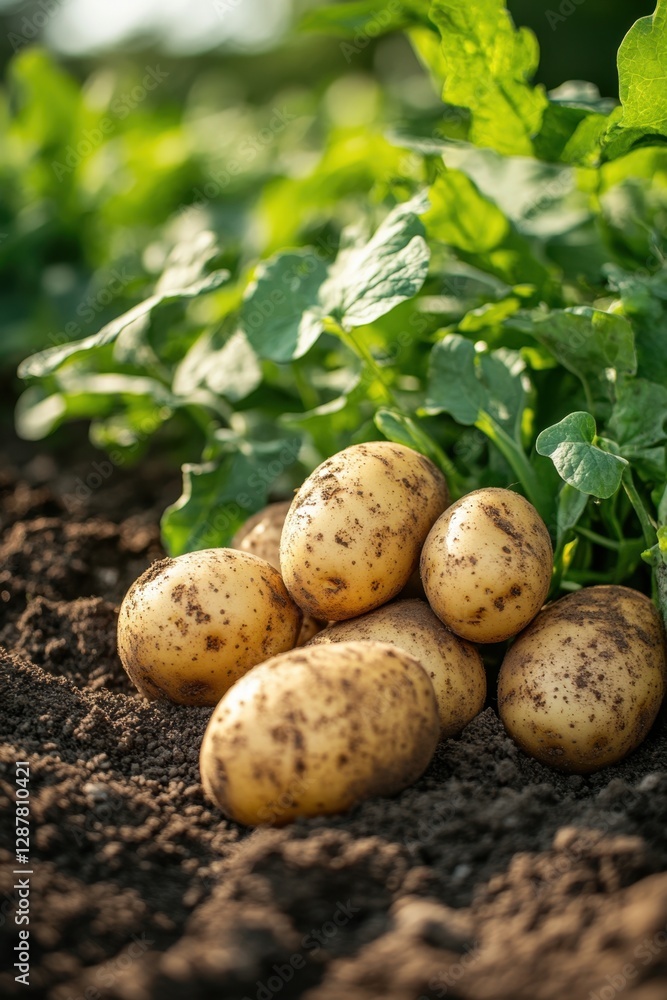 Freshly Harvested Potatoes Resting on Rich Soil Amidst Lush Greenery Capturing the Essence of Organic Farming and Earthy Tones Freshly Harvested Potatoes Resting on Rich Soil Amidst Lush Greenery Capturing the Essence of Organic Farming and Earthy Tones