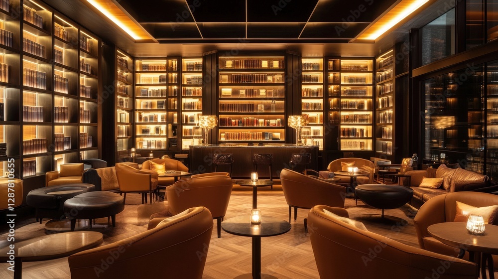 Obraz premium Cozy and Elegant Lounge with Bookshelves and Soft Lighting