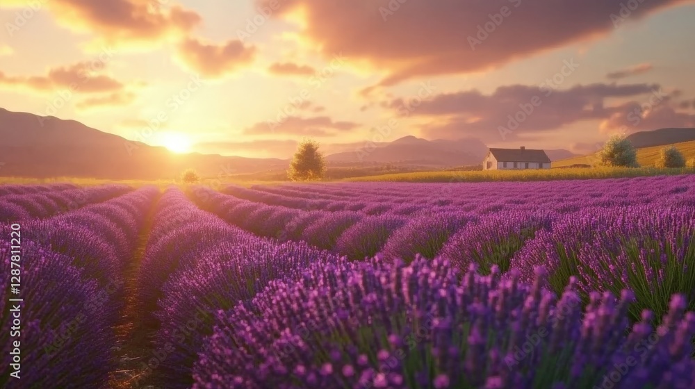 Naklejka premium Lavender Field Sunset Landscape With Farmhouse