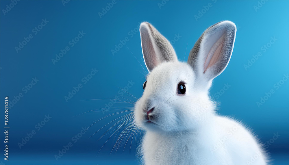 A captivating portrait of a pure white rabbit with prominent ears against a vibrant blue backdrop. A captivating portrait of a pure white rabbit with prominent ears against a vibrant blue backdrop.