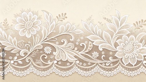 Elegant White Floral Lace Border on a Soft Cream Background with Fine Details sophisticated white floral lace border gracefully frames a soft cream background, featuring intricate patterns 