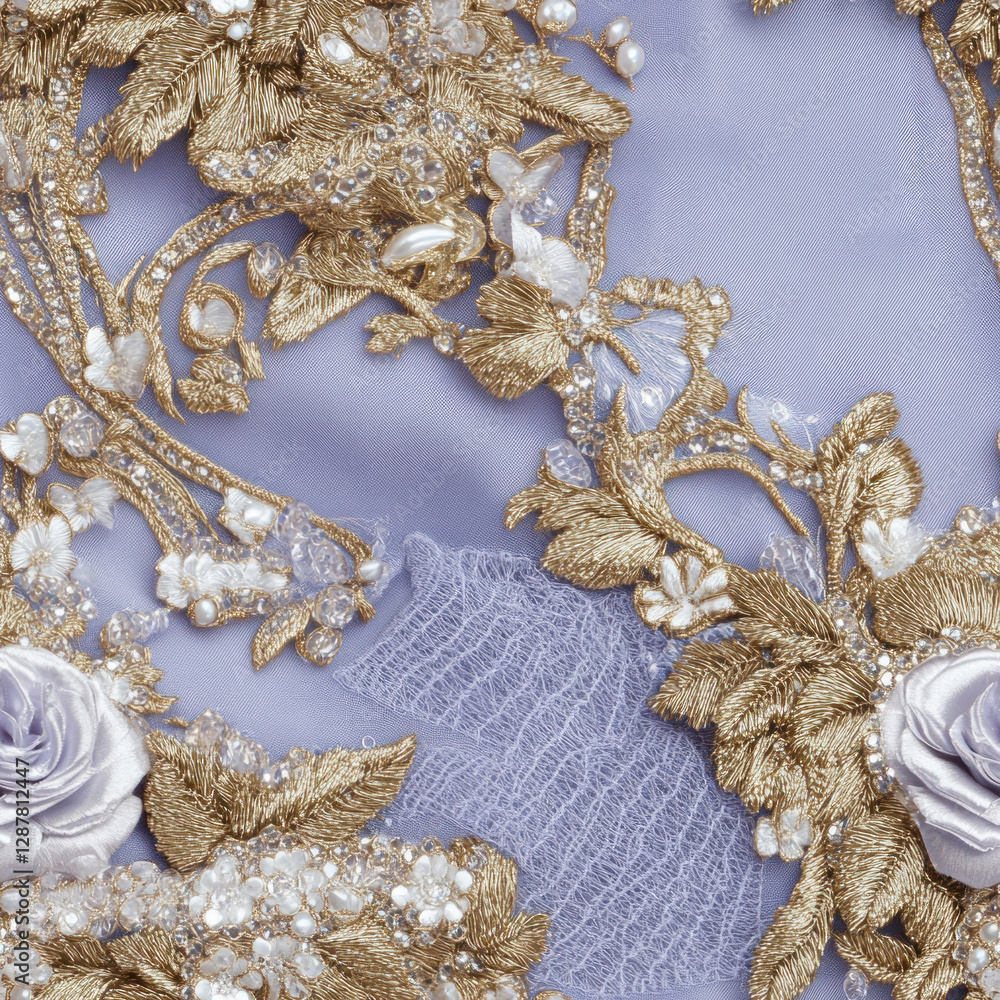 Fototapeta premium Gold floral embroidery detail on light purple fabric background