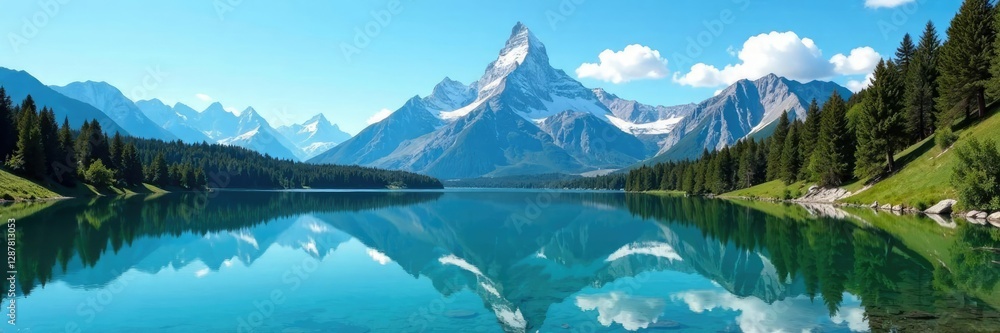 Fototapeta premium Majestic mountain peaks reflect in crystal-clear lakes and ponds under a clear blue sky, water, clear, railway