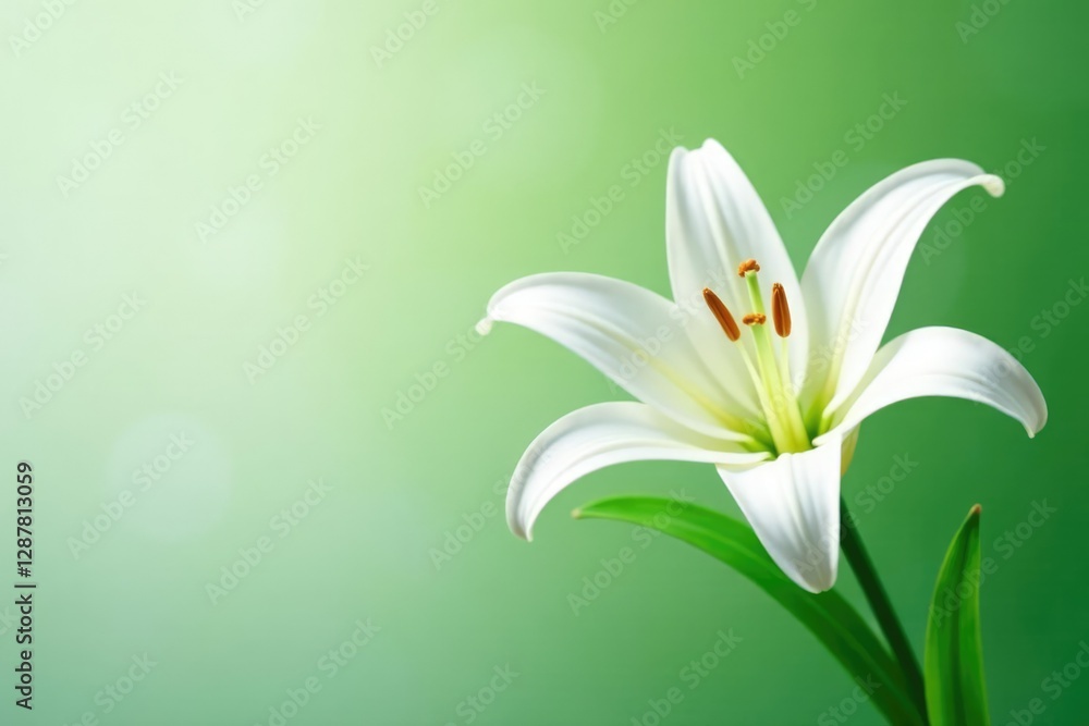 Fototapeta premium Delicate white lily blooms on a lush green stem, green, stems