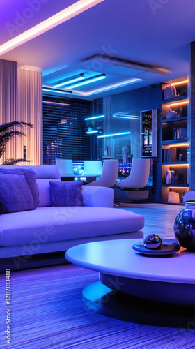 A modern modular smart home with alternating cyan and magenta neon accents, casting a futuristic glow.