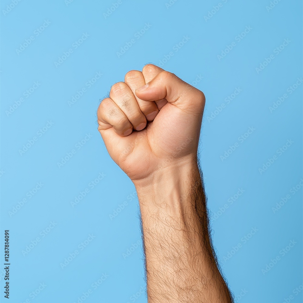 Empowered gesture of a fist raised studio setting photography strong emotion close-up view symbolism of strength