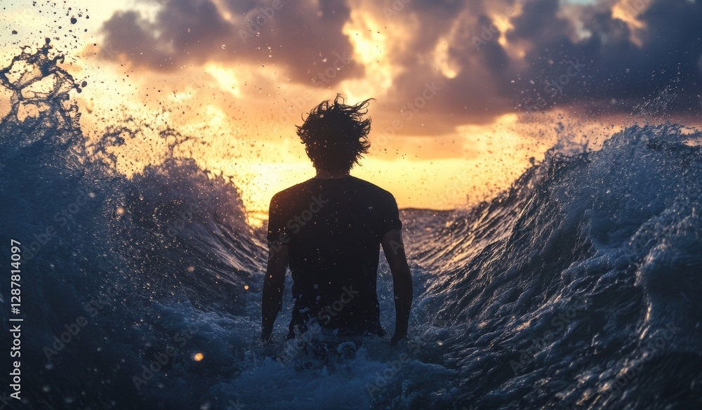 Obraz premium Silhouette of a person wading through ocean waves at sunset