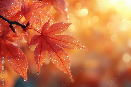 A close-up of vibrant red maple leaves glistening with dew drops, bathed in warm sunlight, capturing the beauty and tranquility of autumn