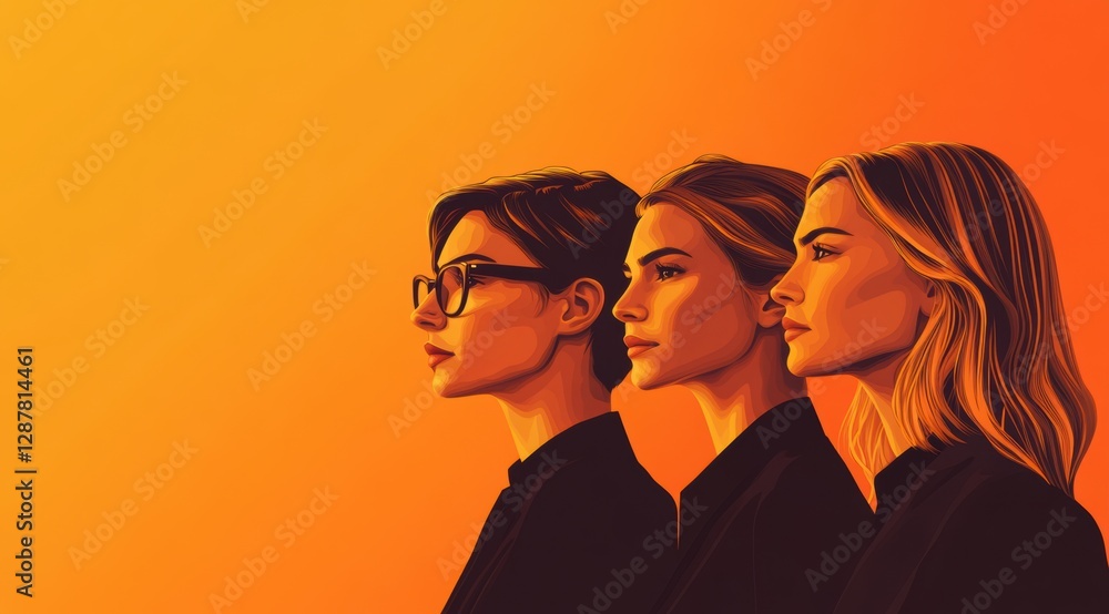 Women in silhouette against a vibrant orange background at dusk Women in silhouette against a vibrant orange background at dusk