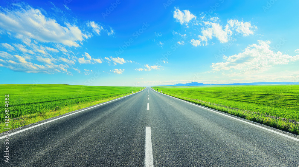 Wide road into distance, flanked by green fields and blue sky. High-definition, horizontal composition. Serene beauty. Wide road into distance, flanked by green fields and blue sky. High-definition, horizontal composition. Serene beauty.