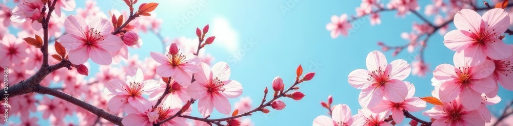 Full bloom Mandarintree flowers against a pale blue sky, Bloom, Floral Full bloom Mandarintree flowers against a pale blue sky, Bloom, Floral
