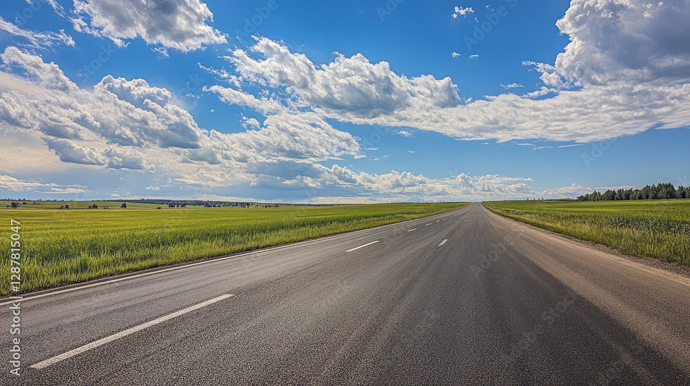 Wide road into distance, flanked by green fields and blue sky. High-definition, horizontal composition. Serene beauty. Wide road into distance, flanked by green fields and blue sky. High-definition, horizontal composition. Serene beauty.