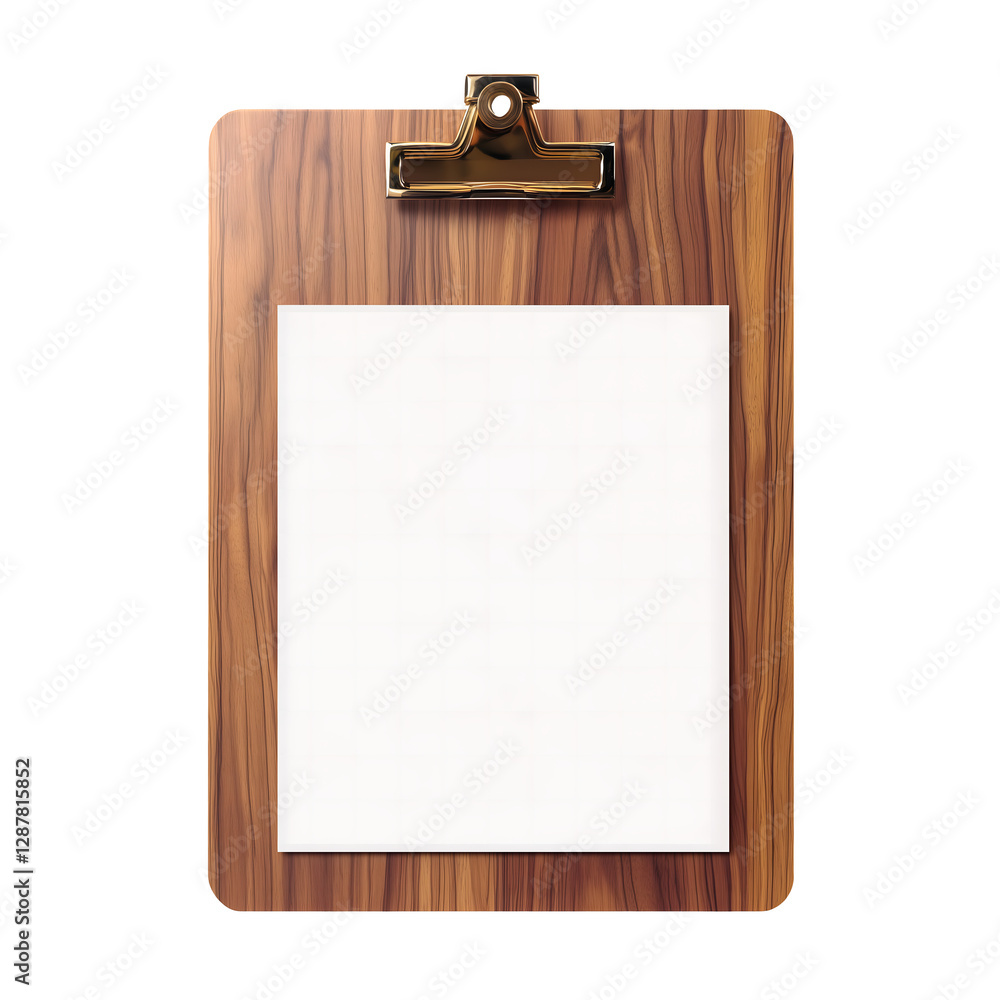 A wooden clipboard with a blank white sheet and metal clip, perfect for office, school, and professional use A wooden clipboard with a blank white sheet and metal clip, perfect for office, school, and professional use