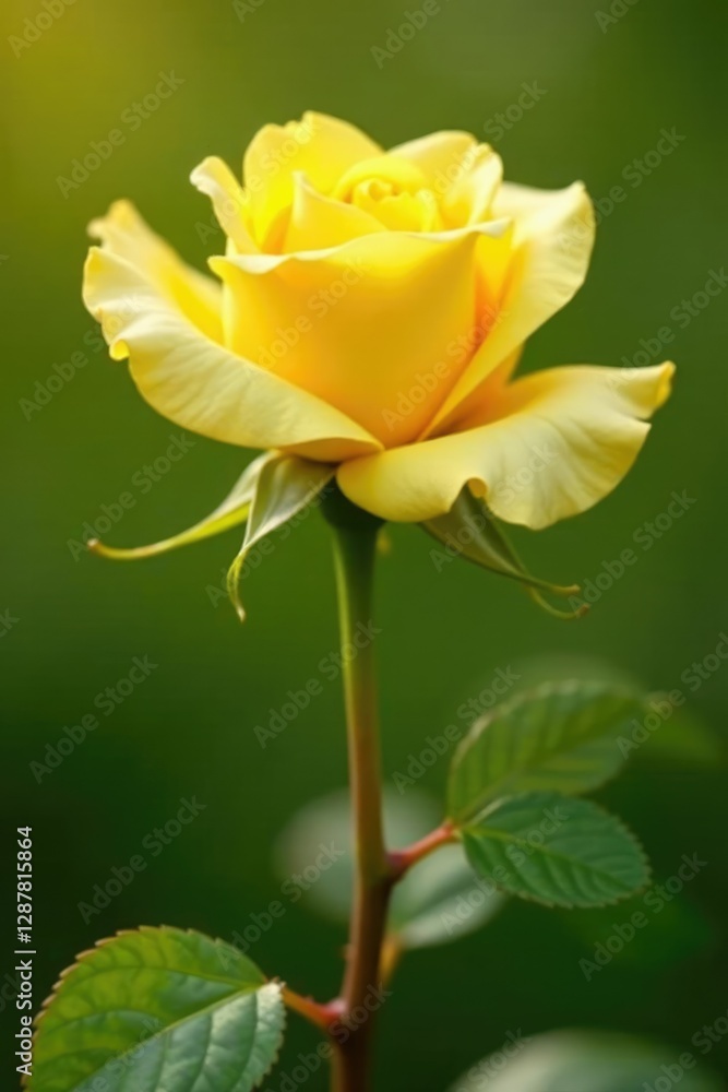 Macro shot of a single yellow rose stem with delicate leaves, rose, leaf, stem Macro shot of a single yellow rose stem with delicate leaves, rose, leaf, stem