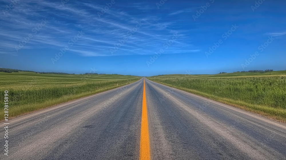 Wide road into distance, flanked by green fields and blue sky. High-definition, horizontal composition. Serene beauty. Wide road into distance, flanked by green fields and blue sky. High-definition, horizontal composition. Serene beauty.
