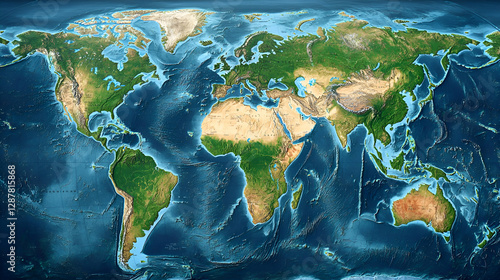 Detailed World Map Showing Topography and Ocean Depths