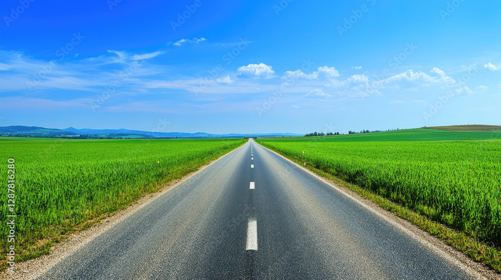 Wide road into distance, flanked by green fields and blue sky. High-definition, horizontal composition. Serene beauty. Wide road into distance, flanked by green fields and blue sky. High-definition, horizontal composition. Serene beauty.