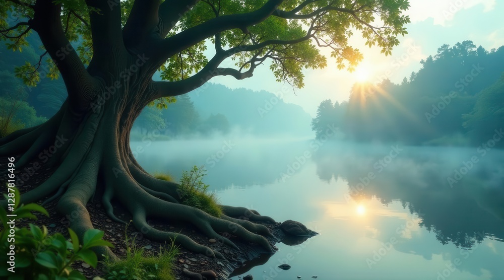 Majestic ancient tree's roots embrace tranquil lake shore at sunrise, mist shrouds serene landscape Majestic ancient tree's roots embrace tranquil lake shore at sunrise, mist shrouds serene landscape